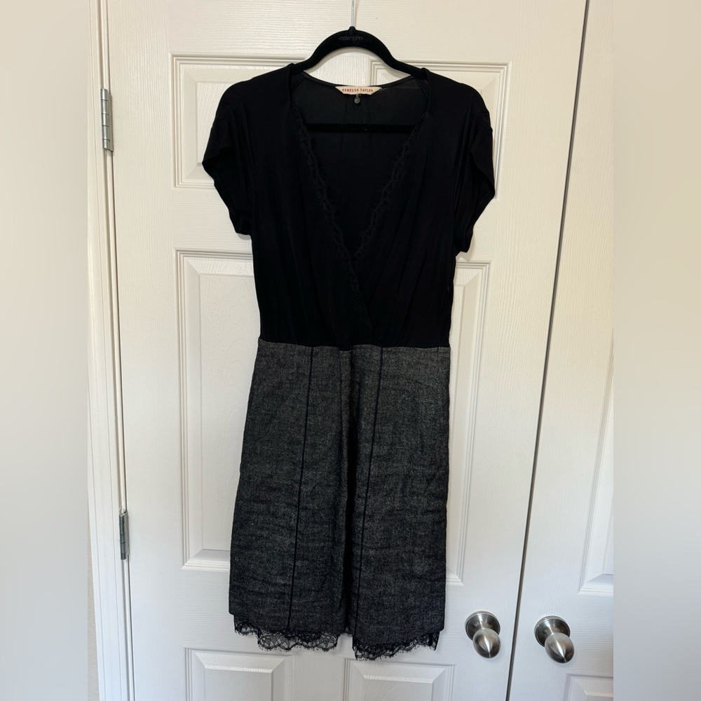 Rebecca Taylor Sz 10 Black Gray Lace Dress Linen Blend V-neck career - Picture 10 of 11
